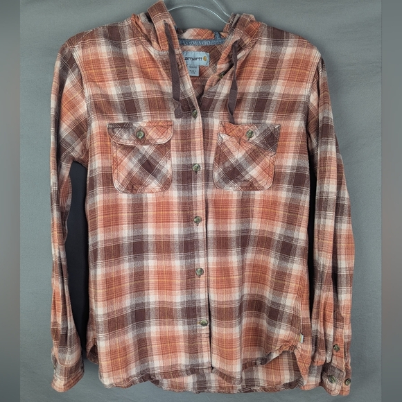 Carhartt Tops - Carhartt Small (4/6) Flannel Plaid Button Down Hoodie In Orange/Brown